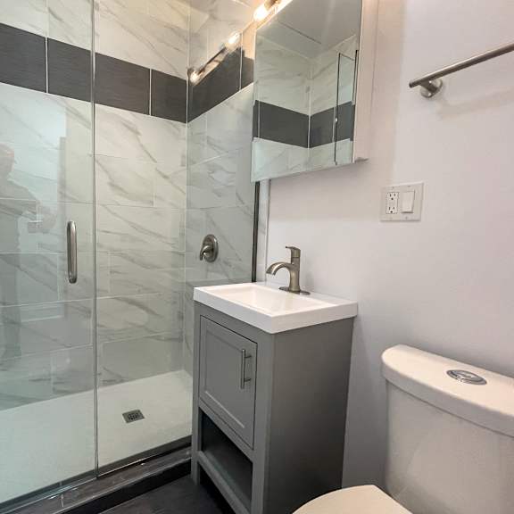 a bathroom with a walk-in shower and a white sink.