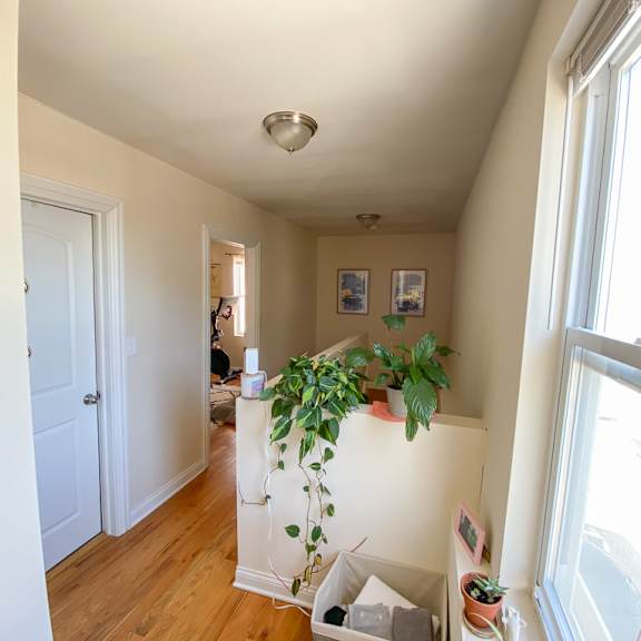 a room with a white door and a window with a potted plant on the windowsill.