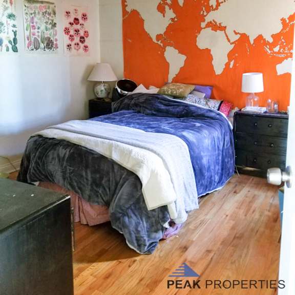a bedroom with an orange wall and a bed with a blue comforter