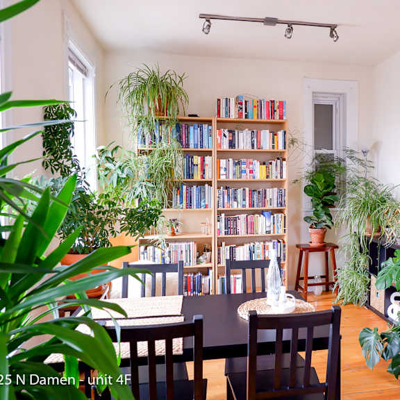 a living room with a bookshelf filled with books and potted plants.