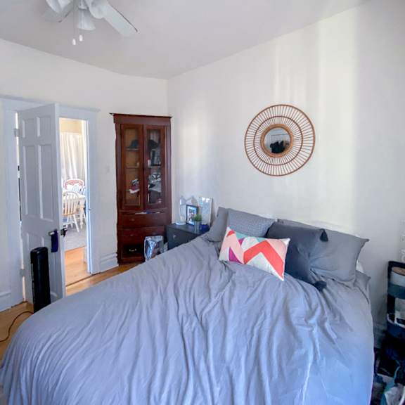 a bedroom with a bed, a ceiling fan, and a mirror on the wall.
