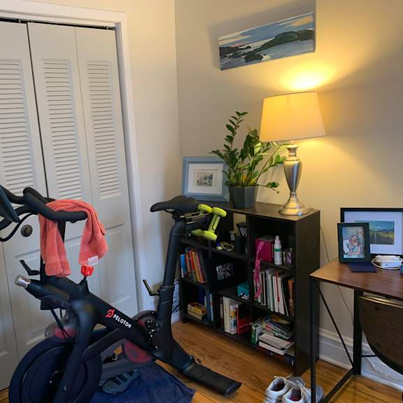 a room with a stationary bike, a bookshelf, a lamp, and a painting on the wall.
