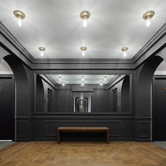 a room with a wooden bench and a mirror on the wall.