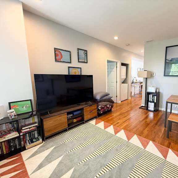 a living room with a television, a couch, and a rug.