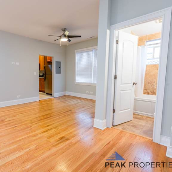 a room with wooden floors and a ceiling fan.