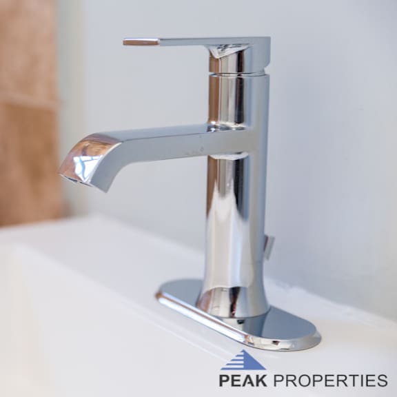 a modern chrome bathroom sink faucet with a single handle.