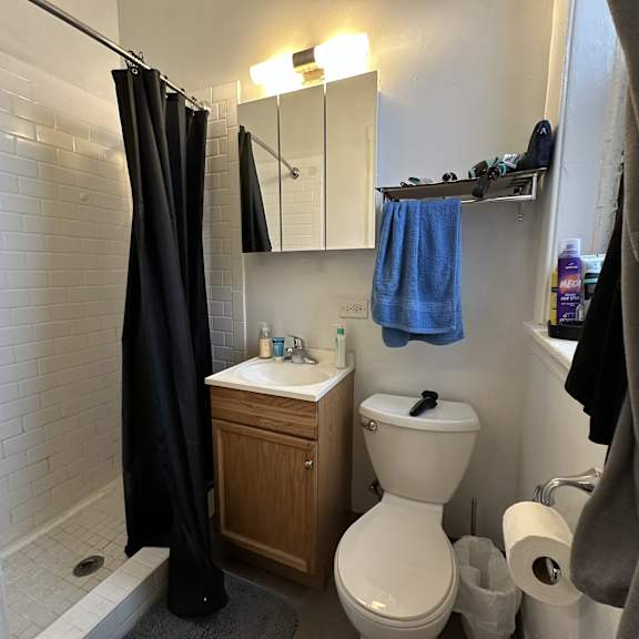 a bathroom with a toilet, sink, and shower curtain.