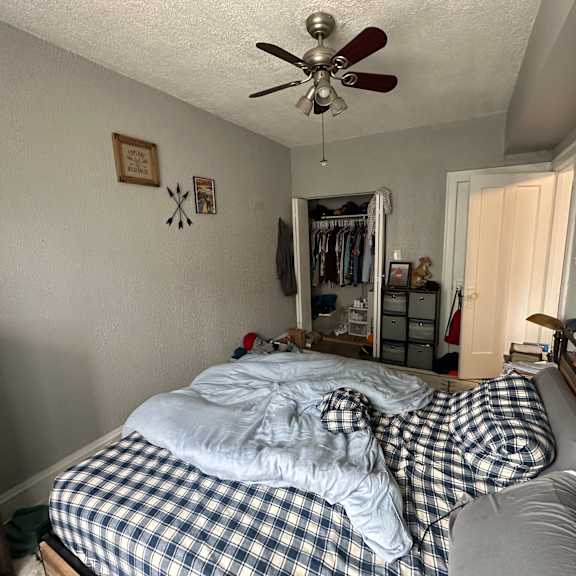 a bedroom with a bed covered in a plaid comforter and a ceiling fan above it.