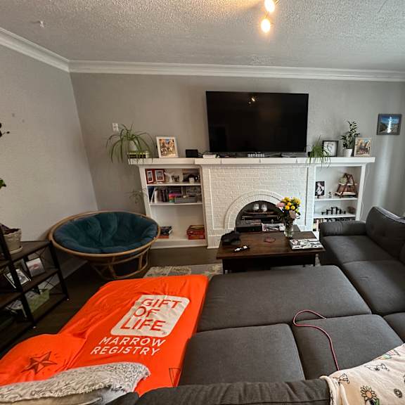 a living room with a grey couch and a television on the wall.