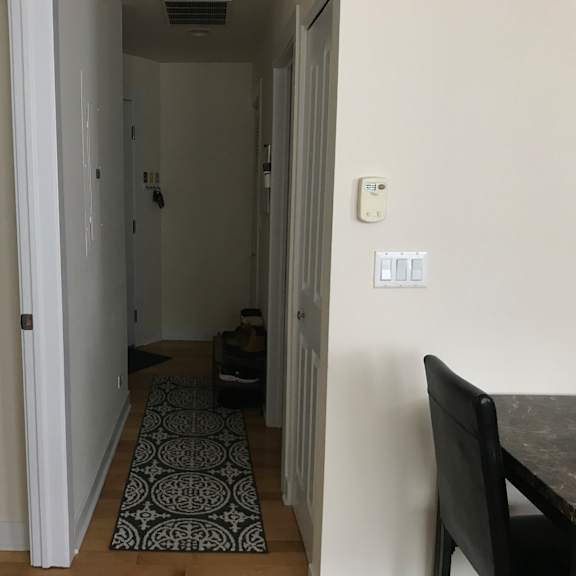 a hallway with a rug on the floor and a door on the left.