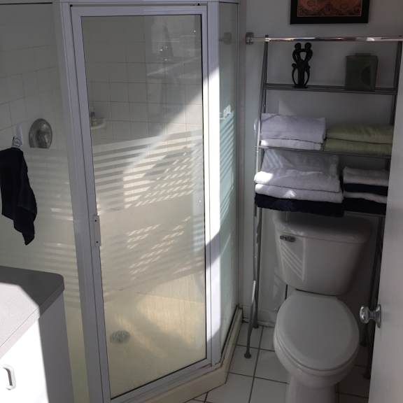 a bathroom with a toilet, sink, and shower.