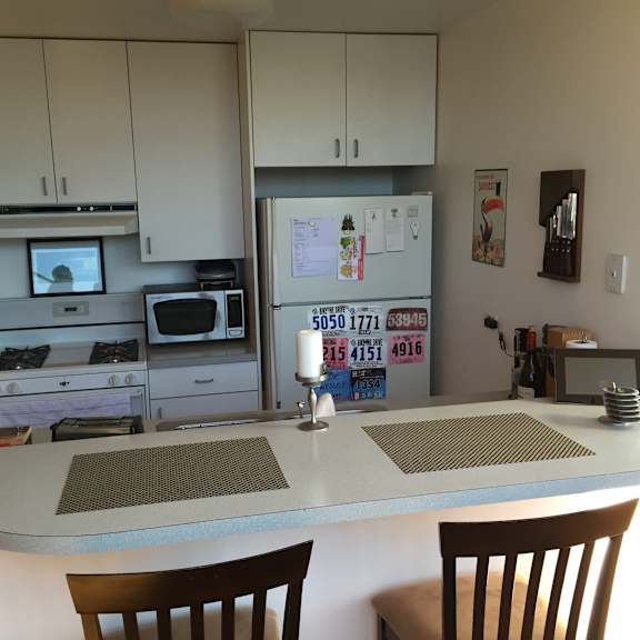 a kitchen with a white fridge and a white counter top.