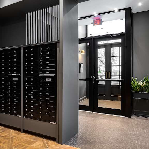 a view of the mail room at the front of the building