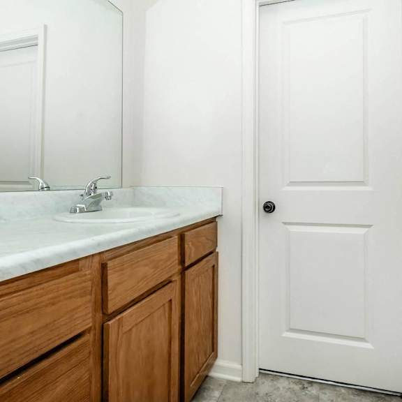 a bathroom with a sink and a mirror and a door