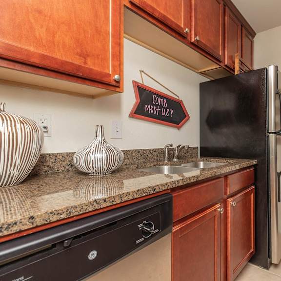 a kitchen with a black fridge and wooden cabinets. at the cove at state street apartments, louisiana, 70802