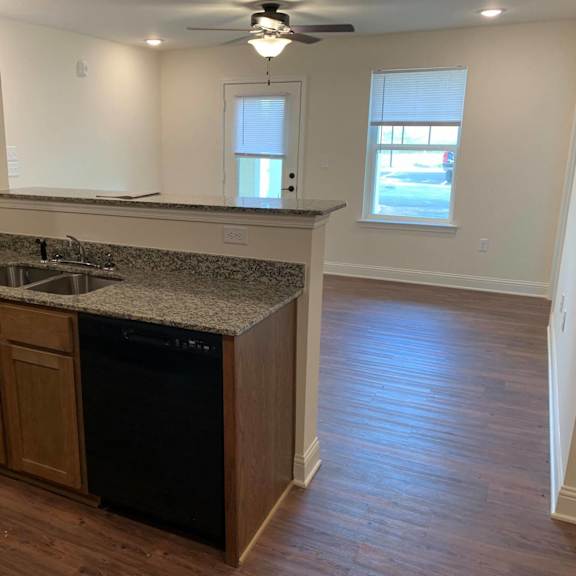 a kitchen with a counter top and a dishwasher