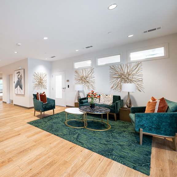 a spacious living room with a green rug and a coffee table.
