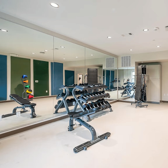 a gym with a mirrored wall and a variety of equipment.