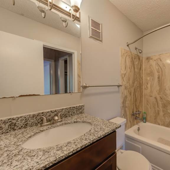 a bathroom with a marble countertop and a bathtub.