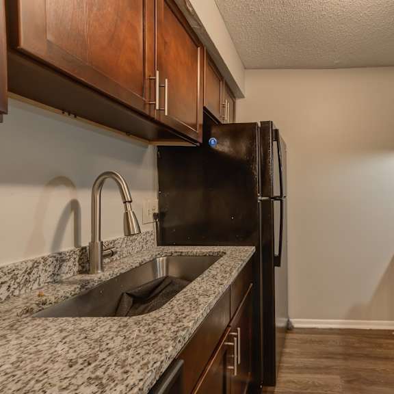 a kitchen with a black refrigerator and a black oven.
