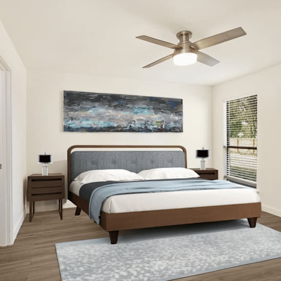 a bedroom with a bed, a ceiling fan, and a painting on the wall.