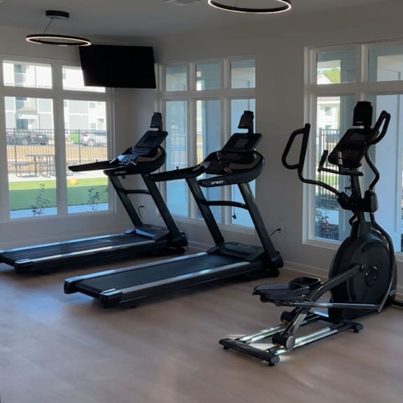 a home gym with treadmills, stationary bikes, and elliptical machines.
