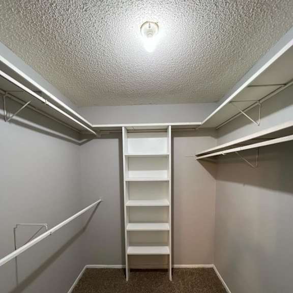 a walk in closet with a ladder and a shelf in it