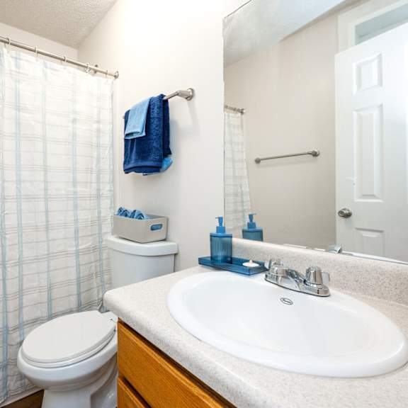 a bathroom with a toilet, sink, and shower curtain.