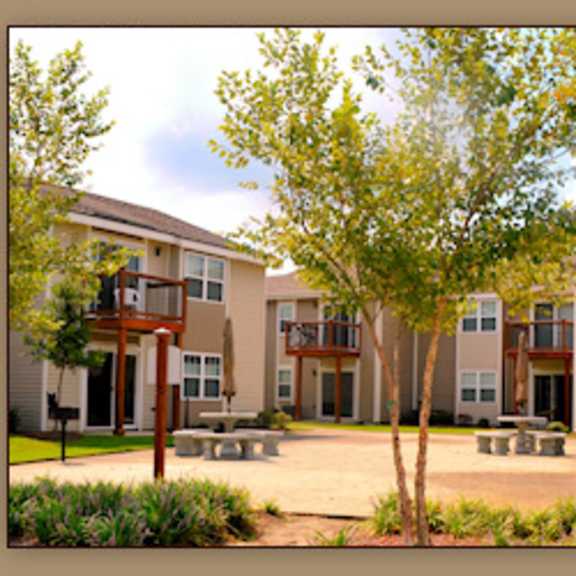 apartment complex with a tree in front.