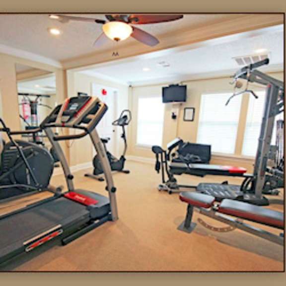 a gym with treadmills, elliptical machines and weights.