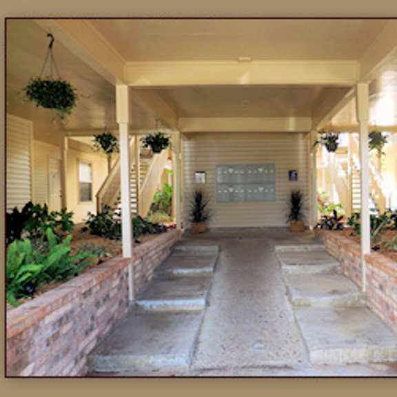 a covered walkway with a stone path and plants on either side.