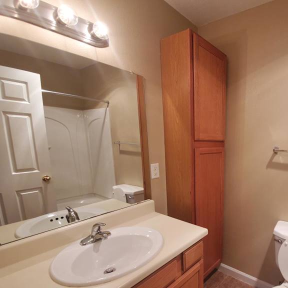 a white toilet sits in a bathroom with a sink and mirror.