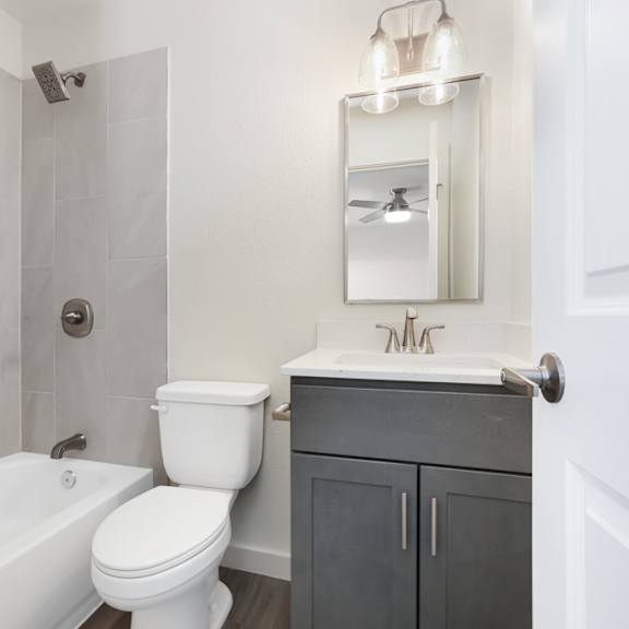 a white toilet sits next to a white bathtub in a bathroom.