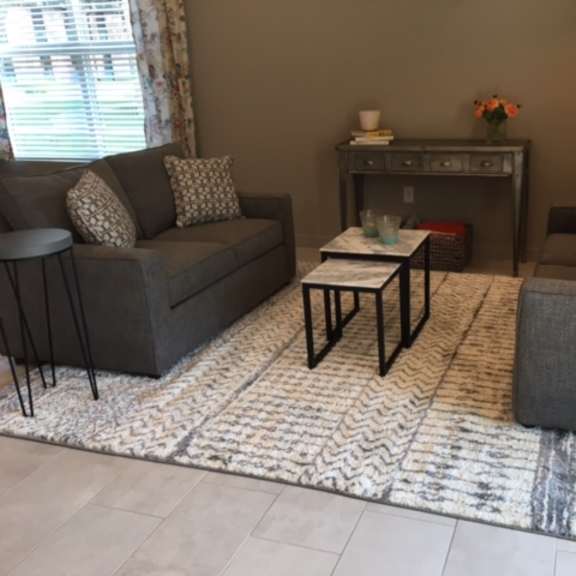 a living room with a grey couch, a coffee table, and a rug.