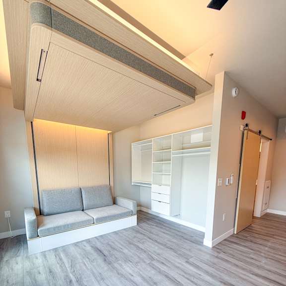 a room with a grey sofa and wooden flooring.