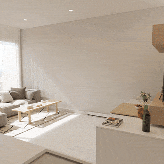 Thumbnail 3 of 5 A modern living room with a large window overlooking the city.