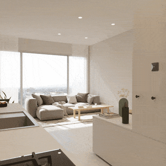 Thumbnail 4 of 5 A modern kitchen with a large window and a dining area.