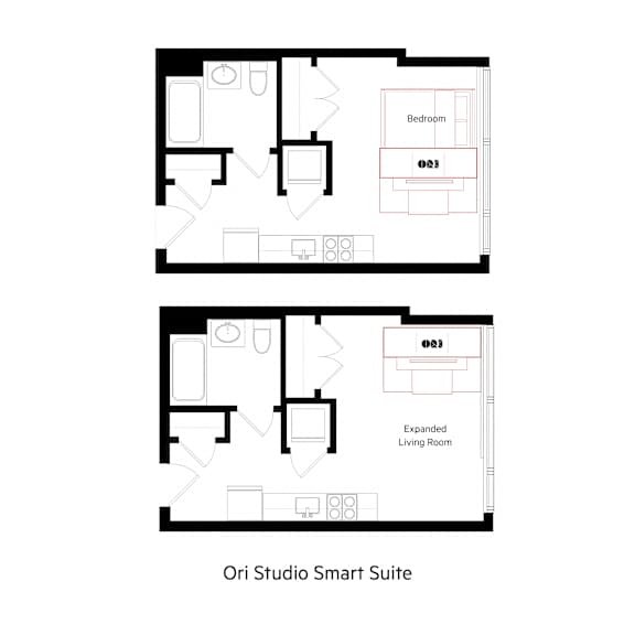 Thumbnail 1 of 5 A floor plan of the Ori Studio Smart Suite is shown with a bedroom and an expanded living room.