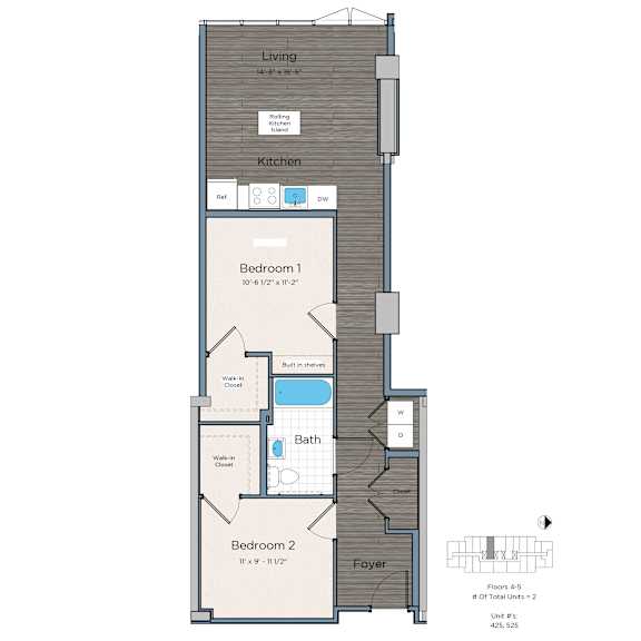 Thumbnail 1 of 2 A floor plan of a one bedroom apartment with a living room, kitchen, and two bathrooms.