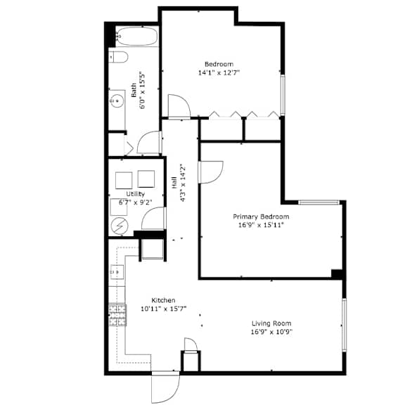 Thumbnail 2 of 2 2 bedroom 1 bath with den 1200 sf floor plan, Cardiff Hall Apartments, Towson MD