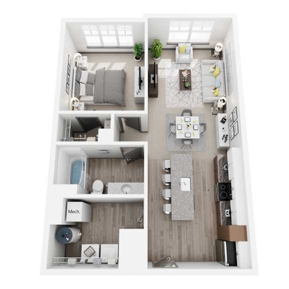 Thumbnail 1 of 2 A top-down view of a small apartment with a kitchen, living room, and bathroom.