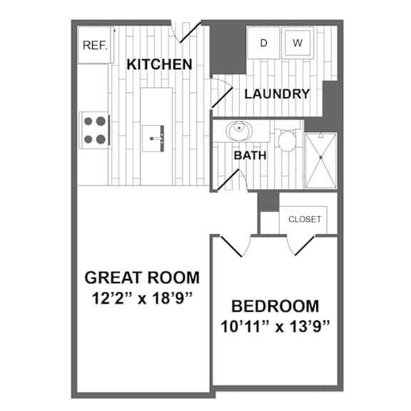 Thumbnail 2 of 2 A floor plan of a home with a kitchen, laundry, bath, and two bedrooms.
