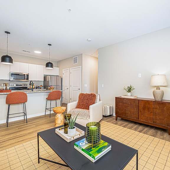 a living room with a couch and a table