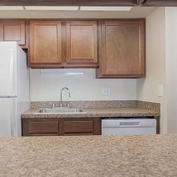 a kitchen with a sink and a refrigerator