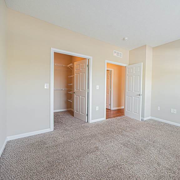 a spacious living room with carpet and a closet