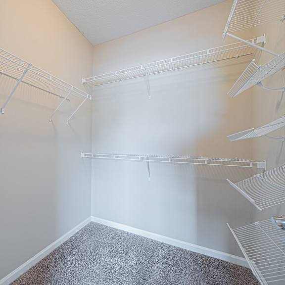 a spacious walk in closet in an empty room with empty shelves