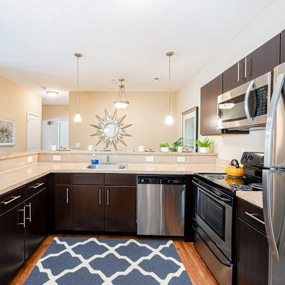 a kitchen with stainless steel appliances and black cabinets