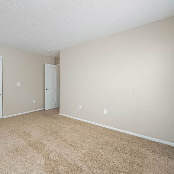a spacious living room with carpet and white doors