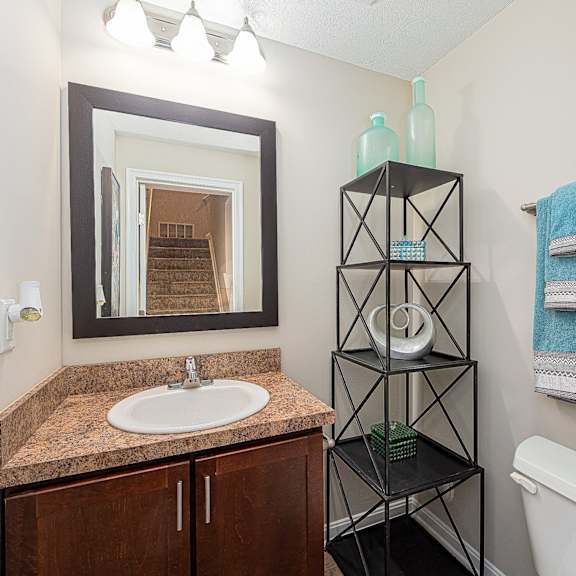 a bathroom with a sink and a mirror and a towel rack
