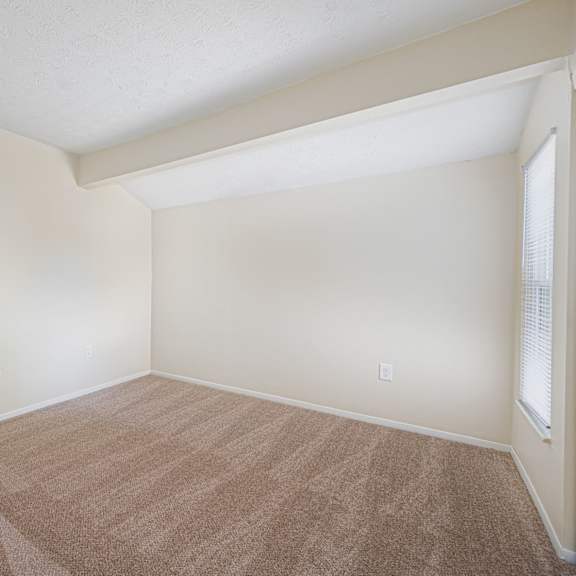 an empty living room with carpet and a window